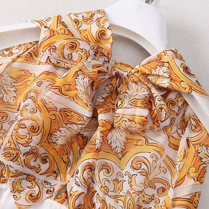 Yellow and white baroque pattern halter neck dress