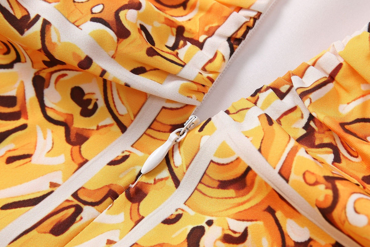 Bright yellow and white baroque pattern halter neck dress