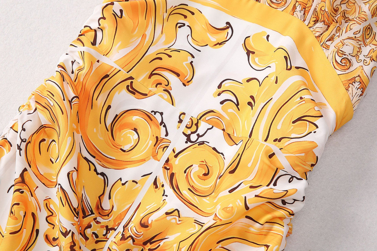 Yellow and White Baroque Halter Neck Dress