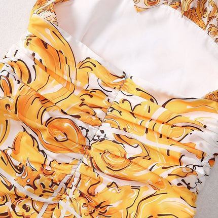 Yellow and White Baroque Pattern Halter Neck Dress