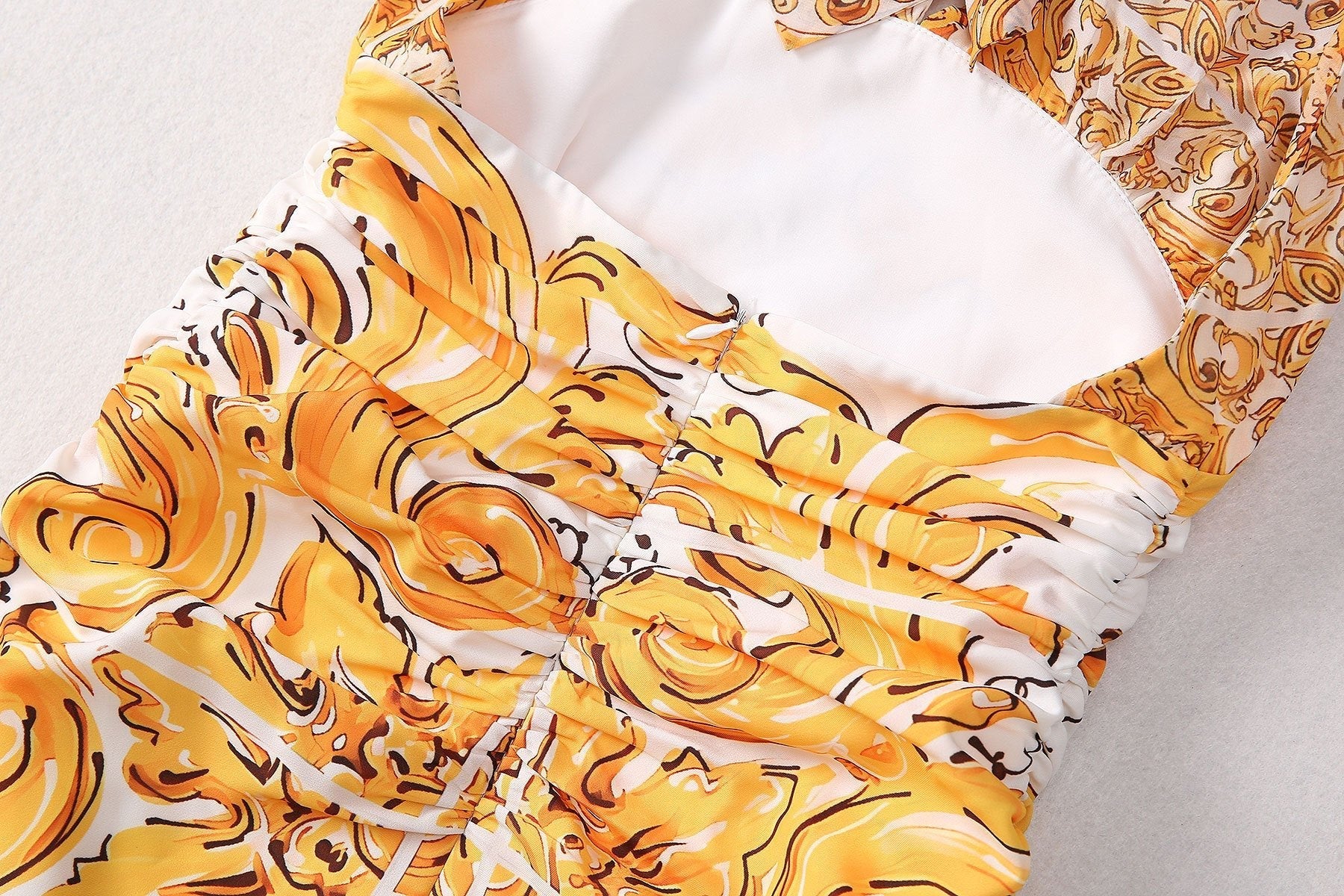 Yellow and White Baroque Pattern Halter Neck Dress
