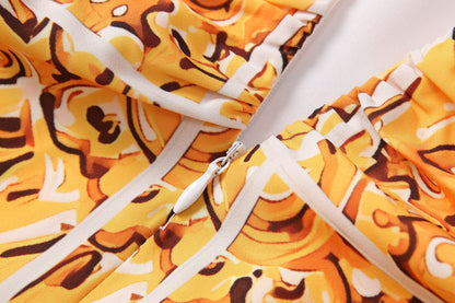Yellow and White Baroque Pattern Halter Neck Dress