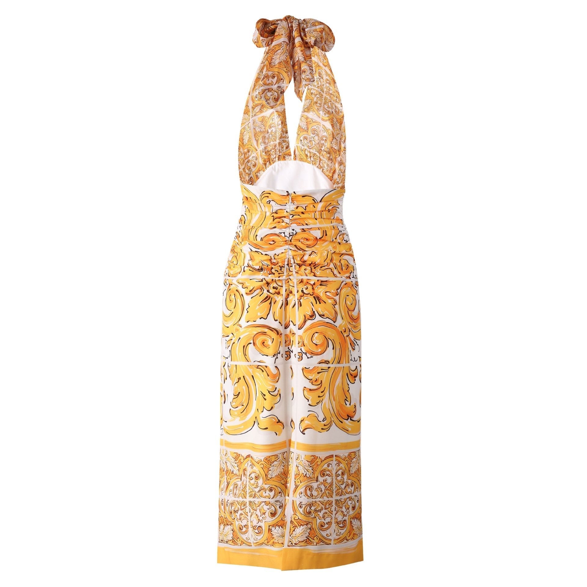 Yellow and White Baroque Pattern Halter Neck Dress