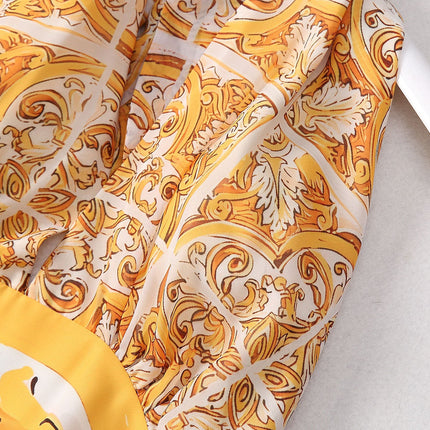Yellow and White Baroque Pattern Halter Neck Dress
