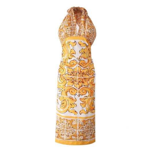Yellow and White Baroque Pattern Halter Neck Dress