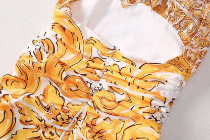 Yellow and White Baroque Pattern Halter Neck Dress