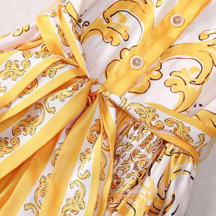 Yellow and White Belted Button-Down Dress with Ornate Details