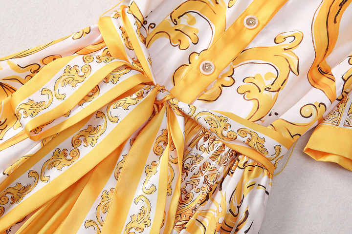 Yellow and White Belted Button-Down Dress with Ornate Details