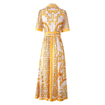 Yellow and White Belted Button-Down Dress with Ornate Details