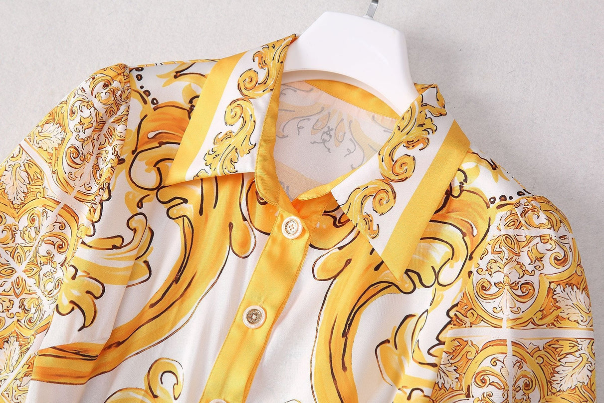 Yellow and White Belted Button-Down Dress