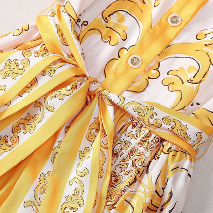 Yellow and white belted button-down dress with ornate details