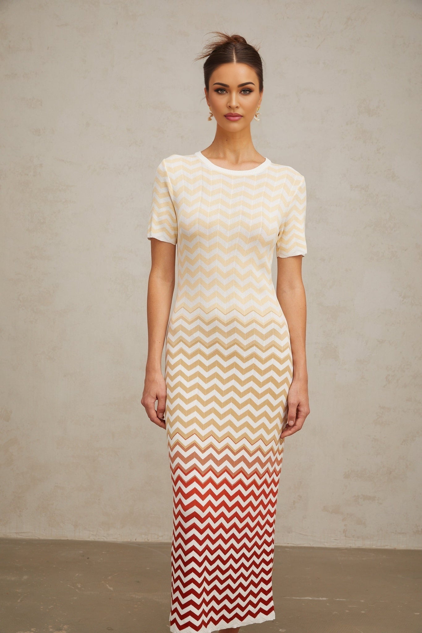 Yellow Zigzag Woven Knit Dress Short Sleeves Midi Length
