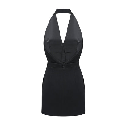 Black sleeveless dress with halter neck front golden button design and thighlength hemStructured with rear zip fastening composed of 80% Polyester and 20% Cotton