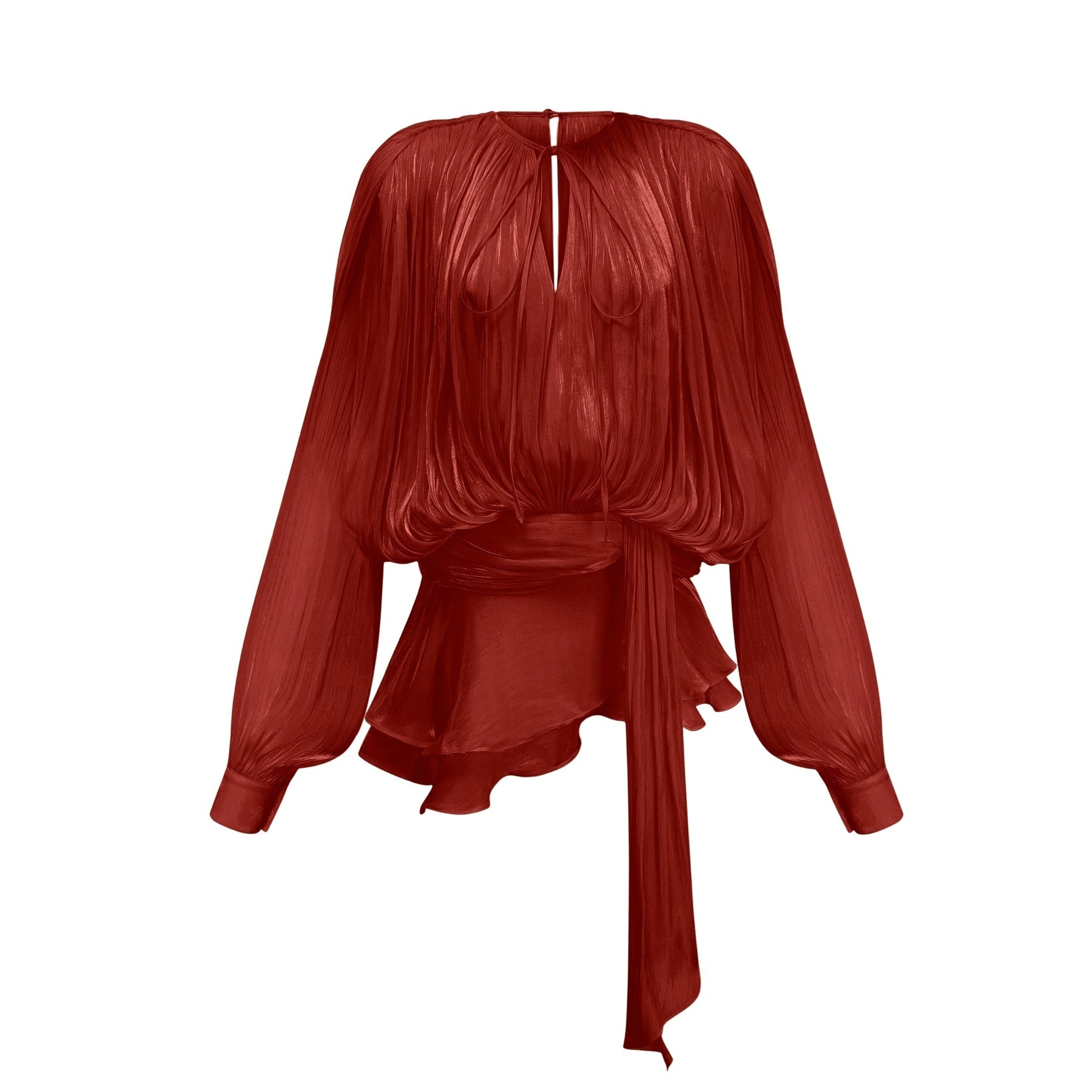 Young woman wearing a red mini dress with full pleats and ruffles standing in a neutral setting