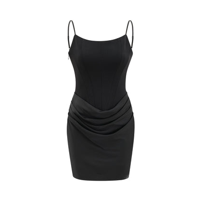Black sleeveless dress with spaghetti straps square neck draped design rear zip fastening and mini length Made of 80% Polyester 20% Cotton