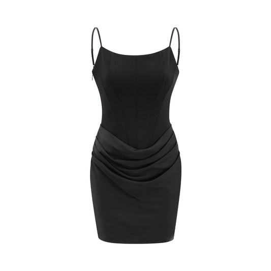 Black sleeveless dress with spaghetti straps square neck draped design rear zip fastening and mini length Made of 80% Polyester 20% Cotton