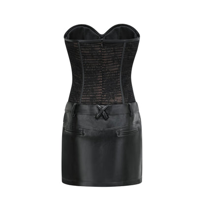 Black bustier dress with mesh detailing fauxleather finish and an asymmetric design zip fastening and belt loops 75% Polyester 20% Cotton 5% Spandex