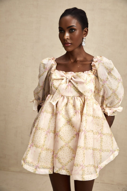 Young woman wearing a short puffy dress with checkered pattern and large bow detail