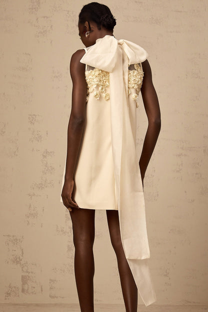 Young woman wearing a sleeveless mini dress with floral print pattern standing in front of white background