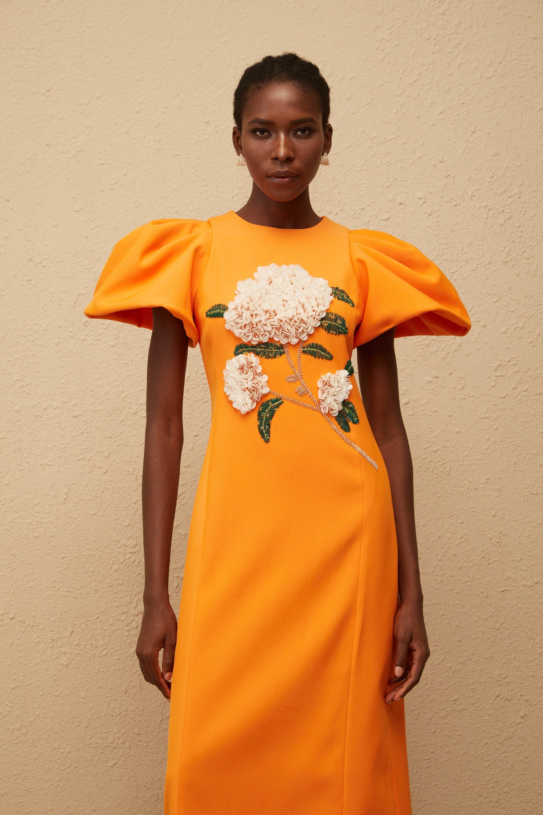 Yrjö Orange Floral Embroidered Midi Dress