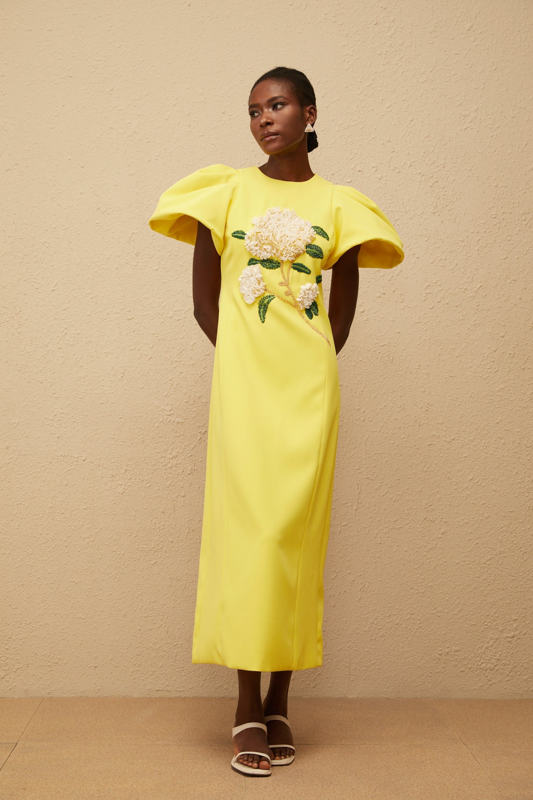 Yrjö Yellow Floral Embroidered Midi Dress