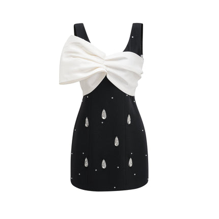 Ysabeau Black Embellished Mini Dress with White Bow Detail and Crystal Embellishments