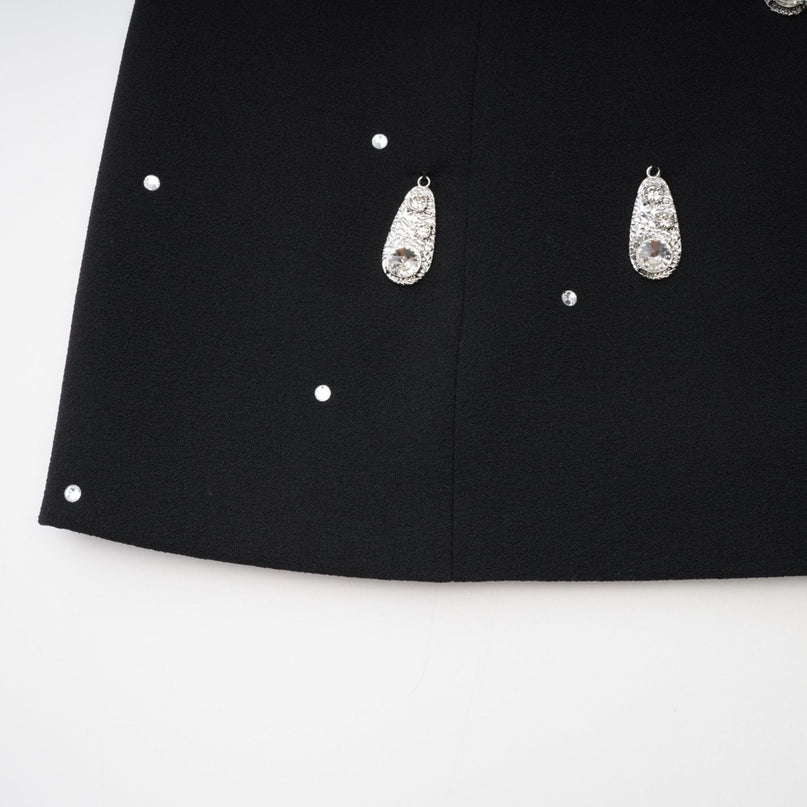 Ysabeau Black Embellished Mini Dress with White Bow and Crystal Detail