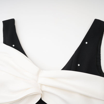 Ysabeau Black Embellished Mini Dress with White Bow and Crystal Detail