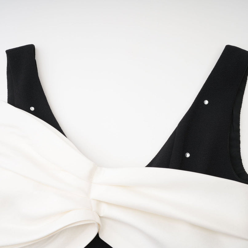 Ysabeau Black Embellished Mini Dress with White Bow and Crystal Detail
