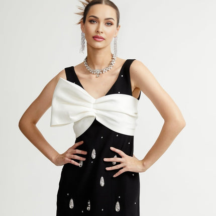 Ysabeau Black Embellished Mini Dress with White Bow and Crystal Detail