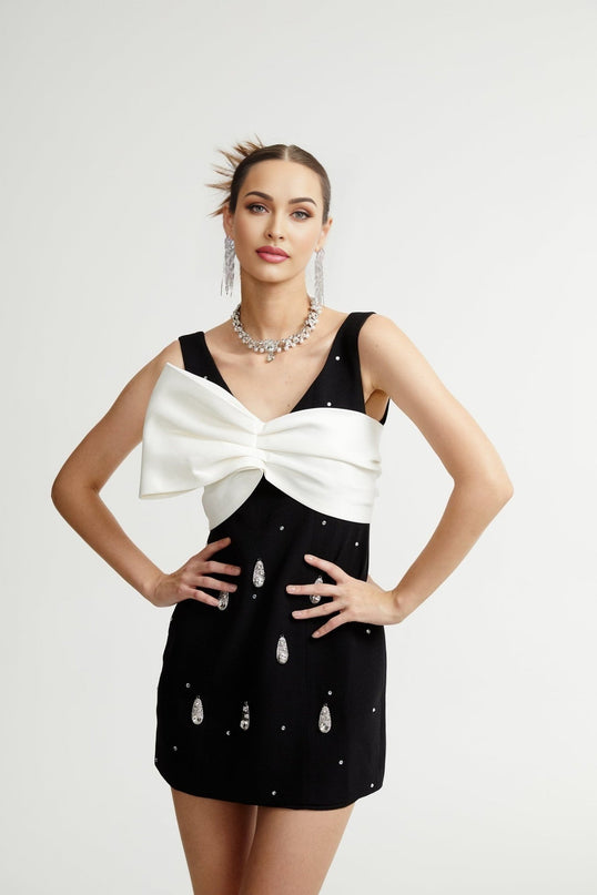 Ysabeau Black Embellished Mini Dress with White Bow and Crystal Detail