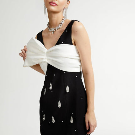 Ysabeau Black Embellished Mini Dress with White Bow and Crystal Embellishments