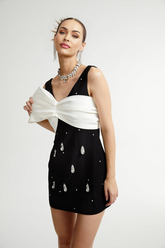 Ysabeau Black Embellished Mini Dress with White Bow and Crystal Embellishments