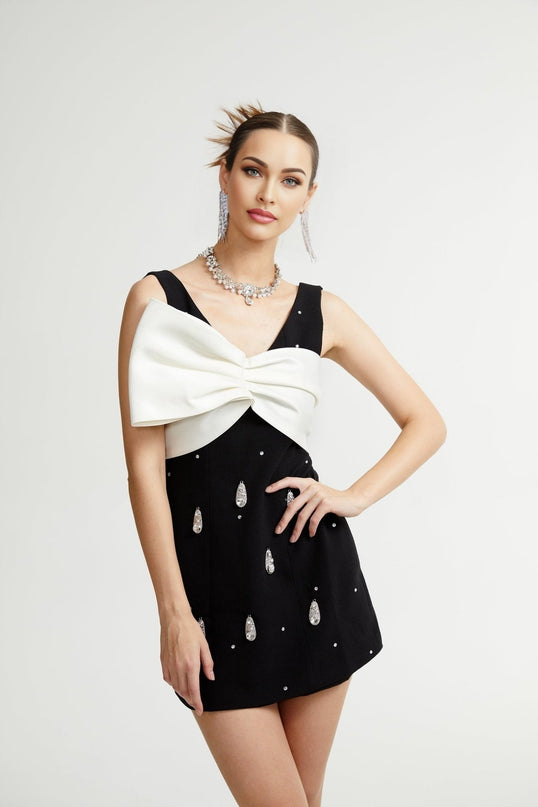 Ysabeau Black Embellished Mini Dress with White Bow and Crystal Detail