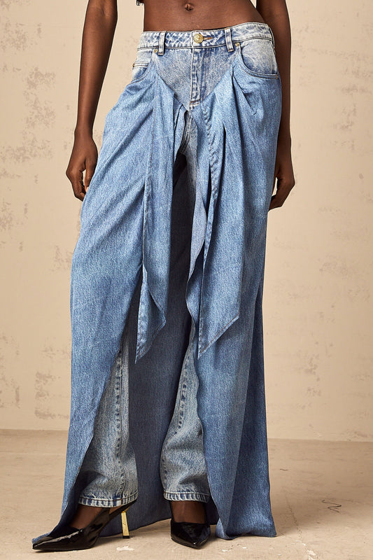 Ysabella blue layered denim jeans featuring multiple tiers of fabric creating a ruffled effect on the legs