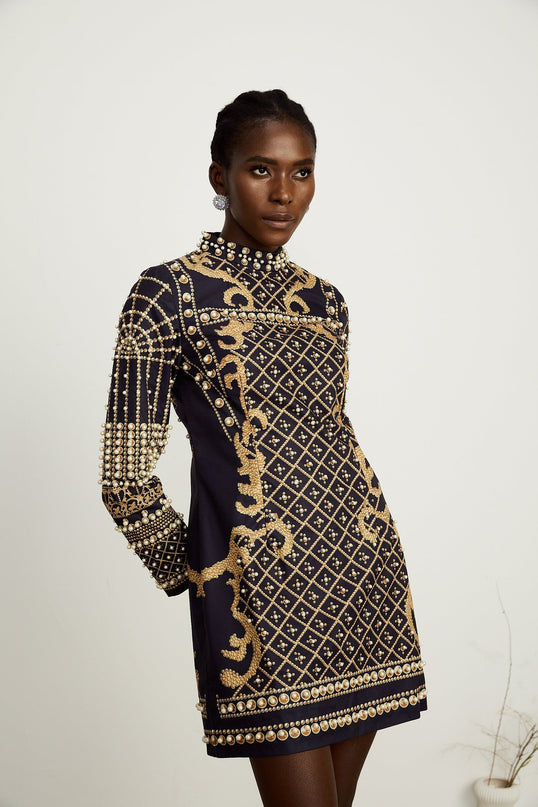 Ysabella fauxpearl longsleeve mini dress