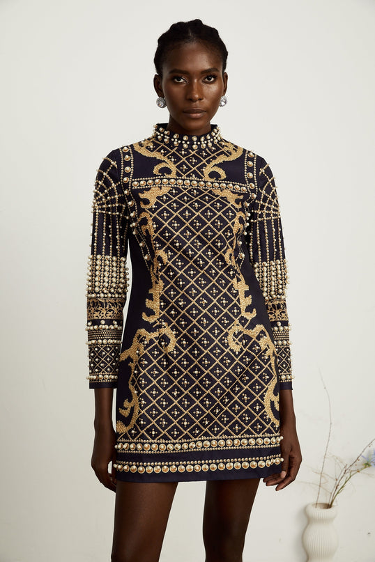 Ysabella fauxpearl longsleeve mini dress