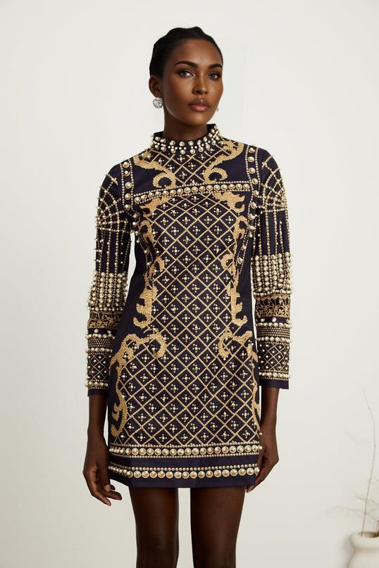 Ysabella fauxpearl longsleeve mini dress