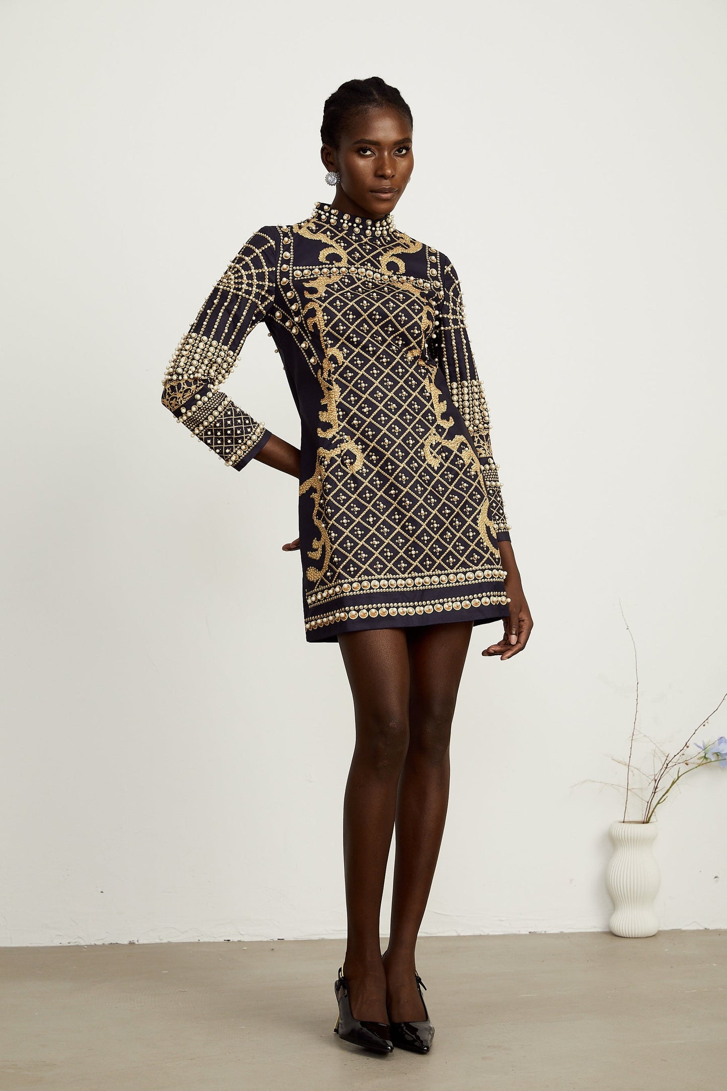 Ysabella fauxpearl longsleeve mini dress