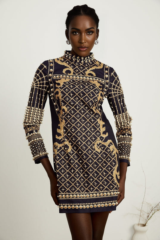 Ysabella fauxpearl longsleeve mini dress