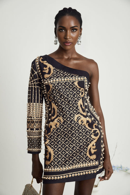 Ysabella monoshoulder fauxpearl mini dress