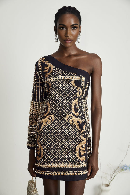 Ysabella monoshoulder fauxpearl mini dress