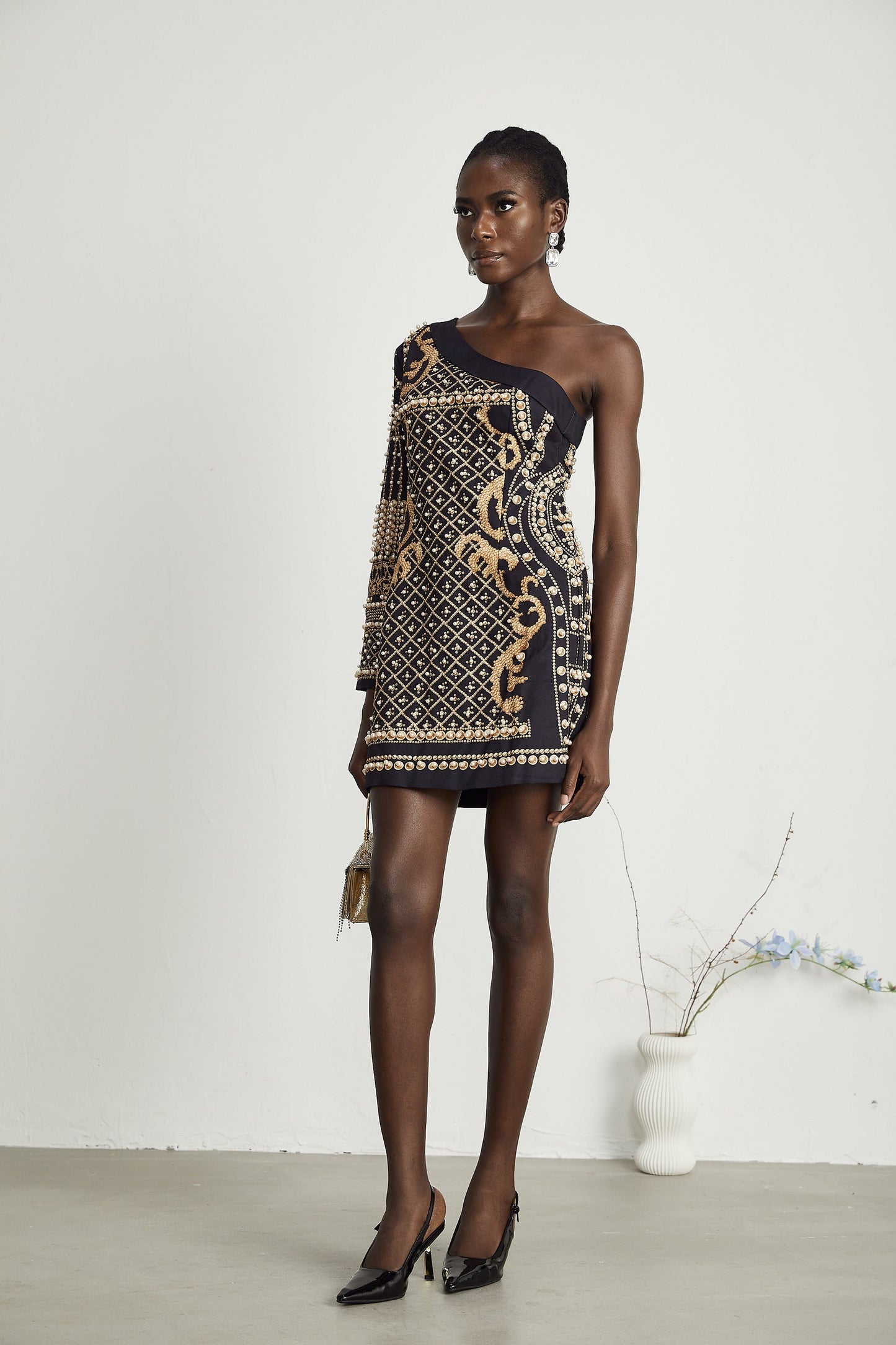 Ysabella monoshoulder fauxpearl mini dress