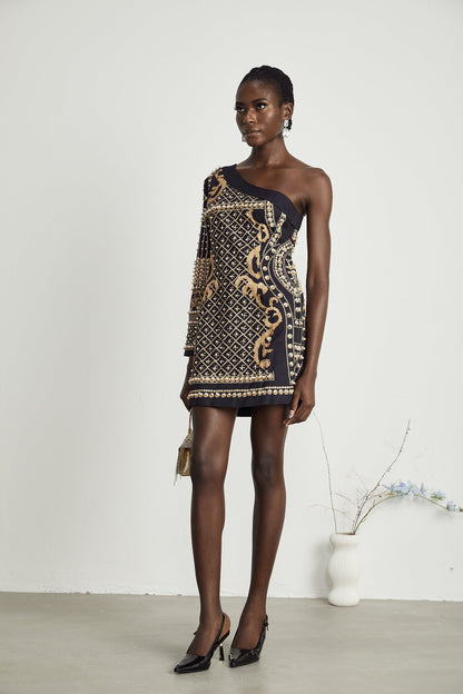 Ysabella monoshoulder fauxpearl mini dress