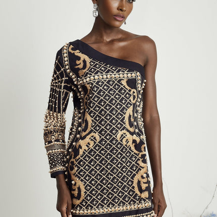 Ysabella monoshoulder fauxpearl mini dress