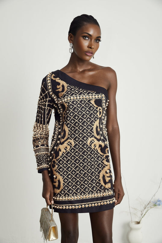 Ysabella monoshoulder fauxpearl mini dress