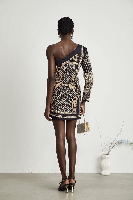 Ysabella monoshoulder fauxpearl mini dress