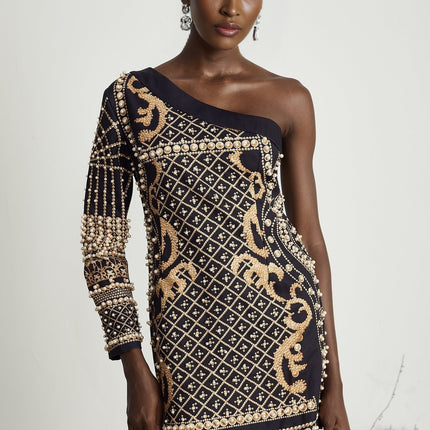 Ysabella monoshoulder fauxpearl mini dress