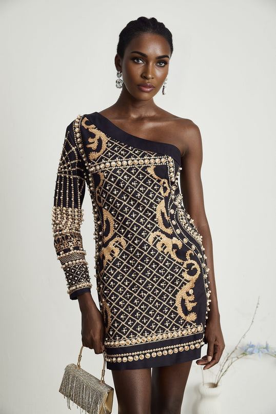 Ysabella monoshoulder fauxpearl mini dress