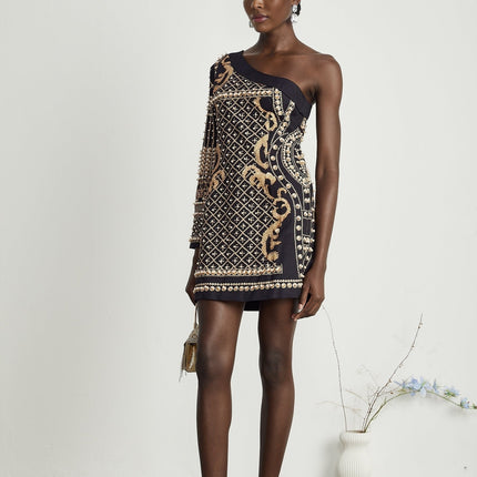 Ysabella monoshoulder fauxpearl mini dress